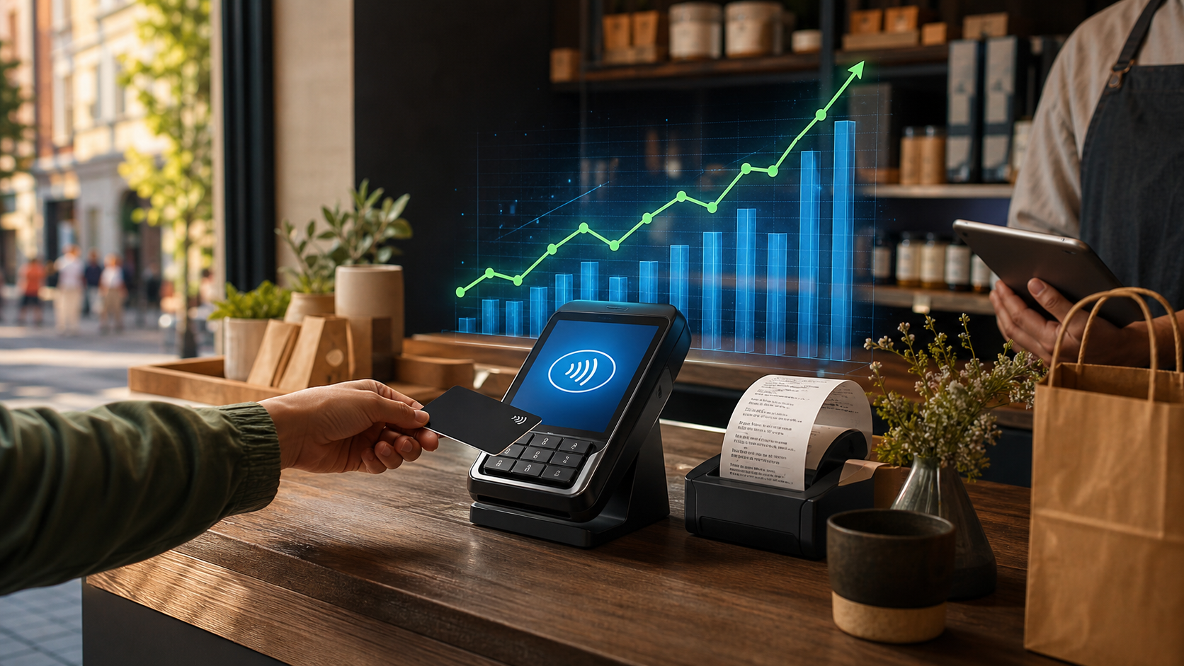 Small business point of sale terminal showing consumer spending and ticket trends