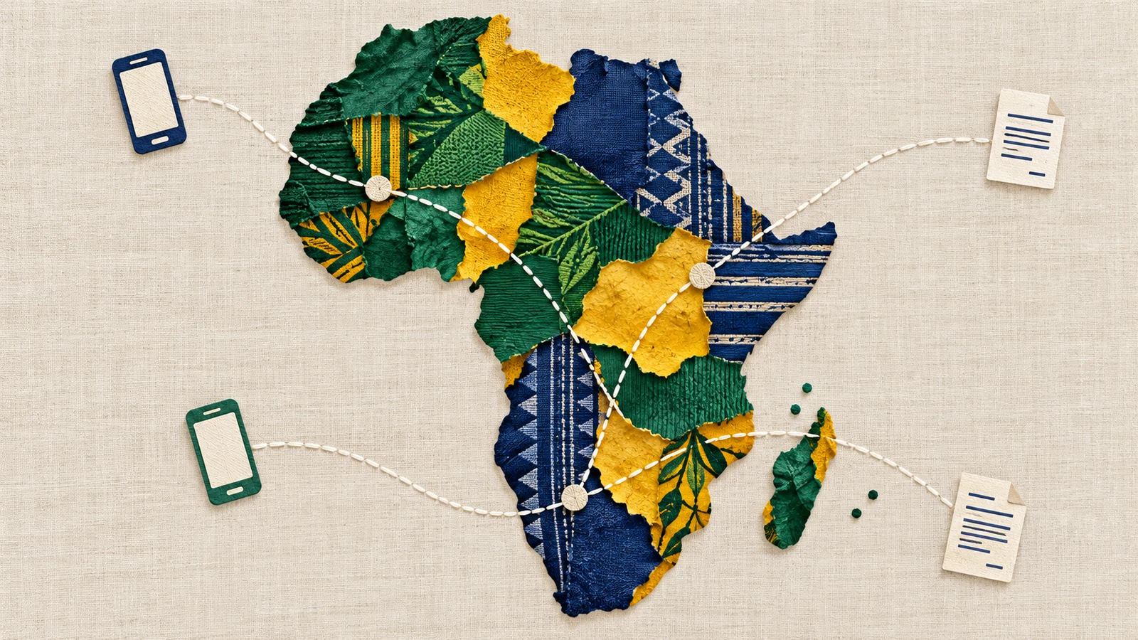 Textile collage of Africa with stitched cross-border payment connections