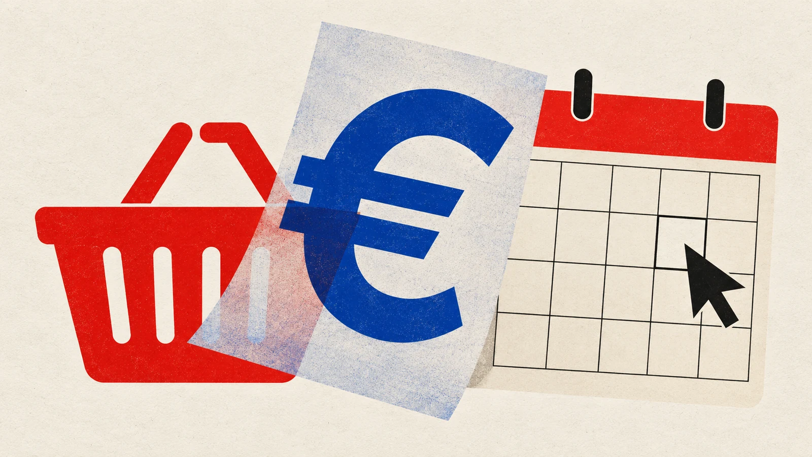 Flat editorial graphic combining a euro symbol, shopping basket and pilot calendar