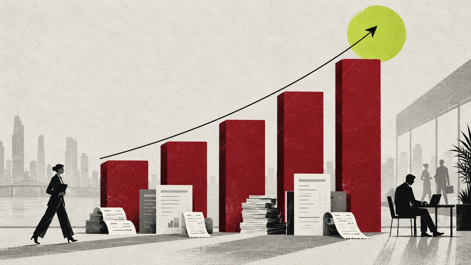 Editorial growth illustration using burgundy columns and business documents