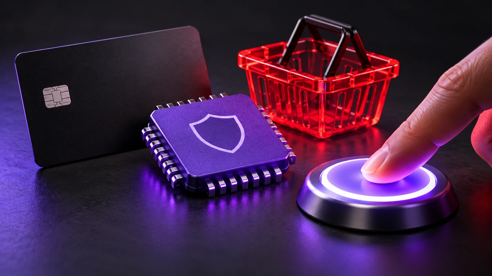 Conceptual AI security chip and a human confirmation control for shopping