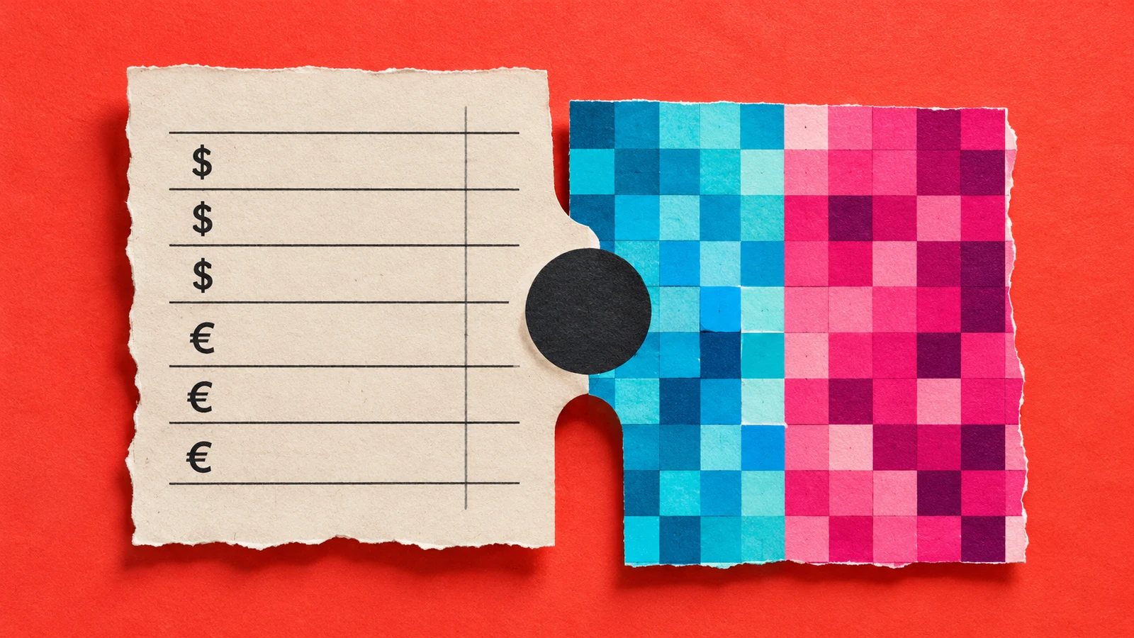 Paper-and-pixel collage representing conventional and digital money in one account