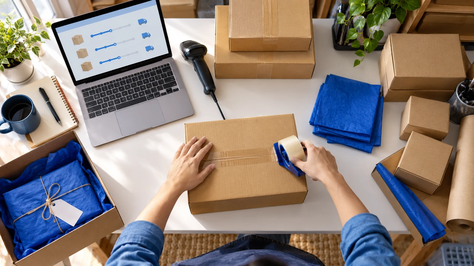 Illustrative small-business packing table with parcels and shipment records