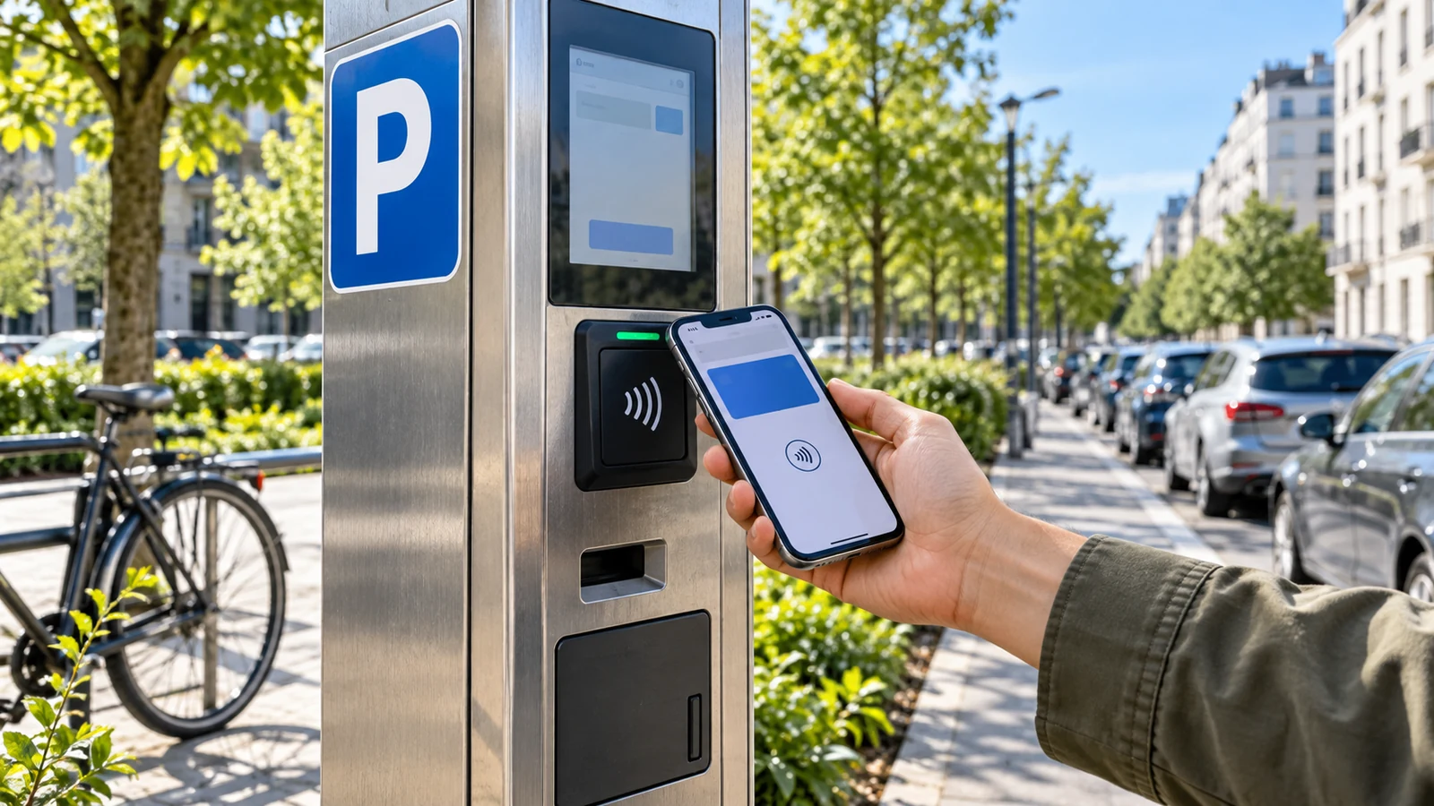 Illustrative parking terminal with a customer using a contactless smartphone payment