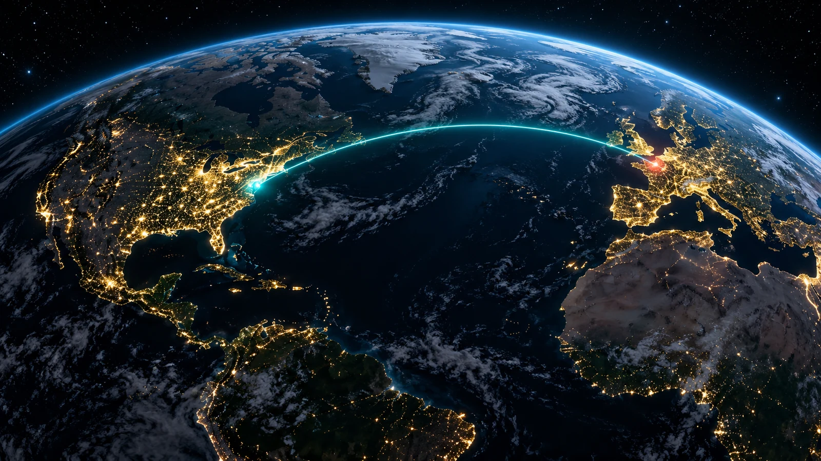 Conceptual view of global payment routes crossing the Atlantic at night